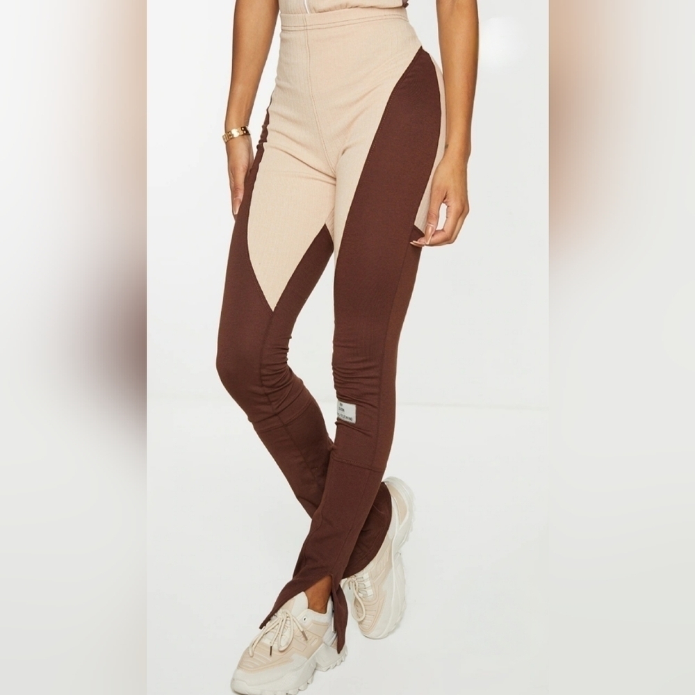 PrettyLittleThing Shape Stone New Season Rib Panel Split Hem Leggings Size 6 New